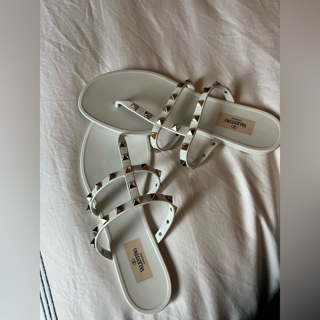 Valentino Garavani White Pyramid-Stud Strappy Slide Sandals